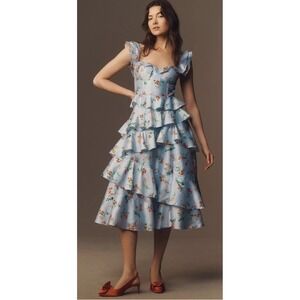 BHLDN x Anthropologie Sydney Corset Fit-and-Flare Taffeta Midi Dress Blue Floral